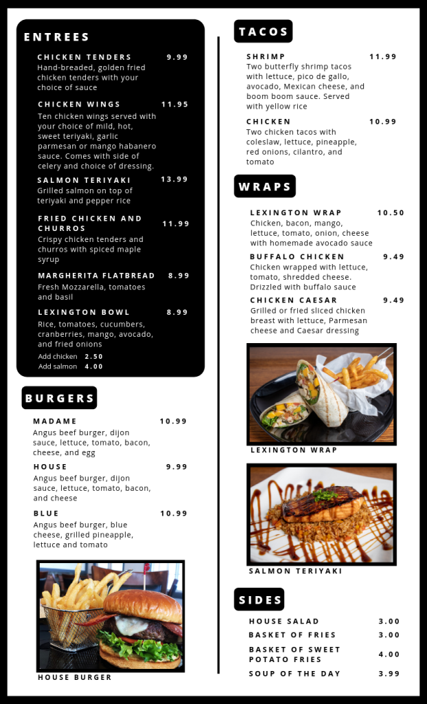 Restaurant menu lexington oaks golf club